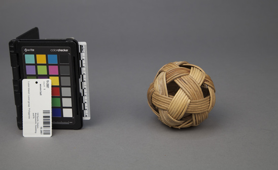 Hearst Museum object 2 of 2 titled Woven ball, accession number 10-2887, described as Ball; rattan; hexagonal plaiting; 8.8 centimeter diameter