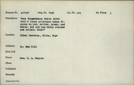 Documentation associated with Hearst Museum object titled Cloth fragment, accession number 4-7592, no description available.
