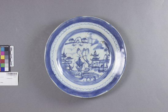 Hearst Museum object titled Plate, accession number 9-4781, described as Porcelain, Canton Ware: 8 3/4” platter; cracked and cleet mended by “crack sewing”.