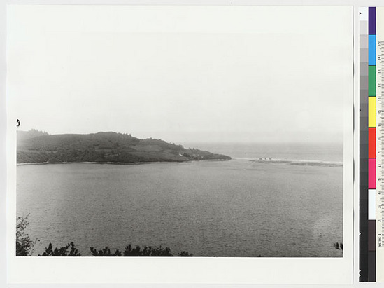 Hearst Museum object titled Black-and-white negative, accession number 15-11455, described as View across Stone Lagoon to village site on point.