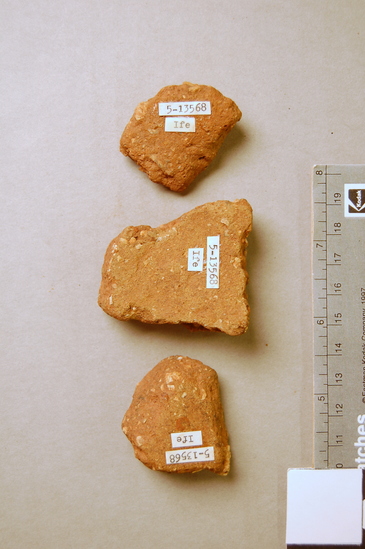 Hearst Museum object 3 of 3 titled Potsherds, accession number 5-13568, described as Potsherd; Timpressed decoration by twisted strings and grass