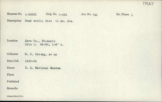 Documentation associated with Hearst Museum object titled Bead, accession number 1-52051, described as Shell, disc.