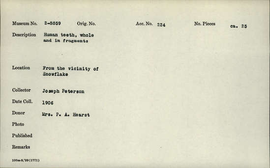 Documentation associated with Hearst Museum object titled Human remains, accession number 2-8859, described as Human teeth, whole and in fragments.