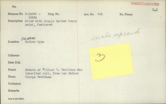 Documentation associated with Hearst Museum object titled Arrow, accession number 2-19383, described as Single barbed ivory point, feathered.