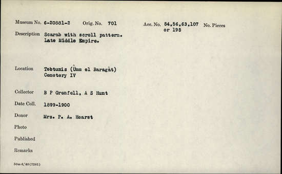 Documentation associated with Hearst Museum object titled Scarab, accession number 6-20882, described as scarab with scroll pattern. Late Middle Empire