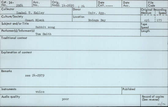 Documentation associated with Hearst Museum object titled Audio recording, accession number 24-2984, described as Rabbit Song