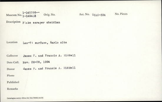 Documentation associated with Hearst Museum object titled Flake scraper, accession number 1-145403, described as Flake scraper, obsidian.
