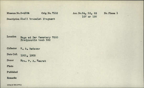 Documentation associated with Hearst Museum object titled Bracelet fragment, accession number 6-4234, described as Shell bracelet fragment