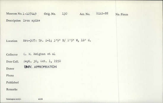 Documentation associated with Hearst Museum object titled Spike, accession number 1-127649, described as Iron spike.