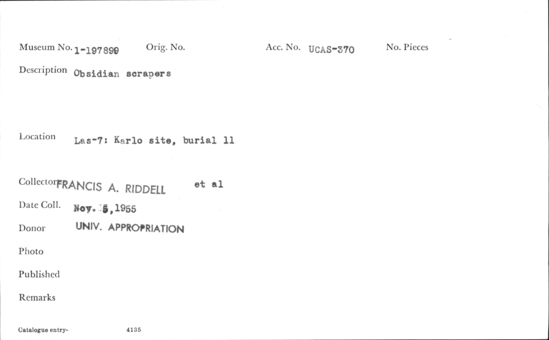 Documentation associated with Hearst Museum object titled Scrapers, accession number 1-197899, described as Obsidian. Notice: Image restricted due to its potentially sensitive nature. Contact Museum to request access.