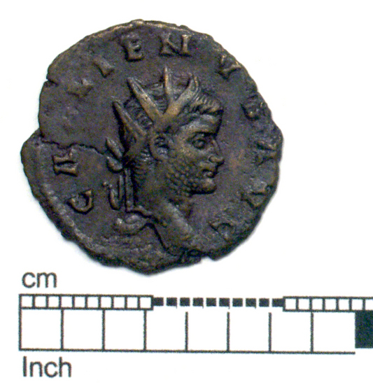 Hearst Museum object titled Coin: æ, accession number 8-9303, described as Obverse: Gallienus. Reverse: Dianae Cons. Avg. Goat Standing Mint Data: 253-268 AD.