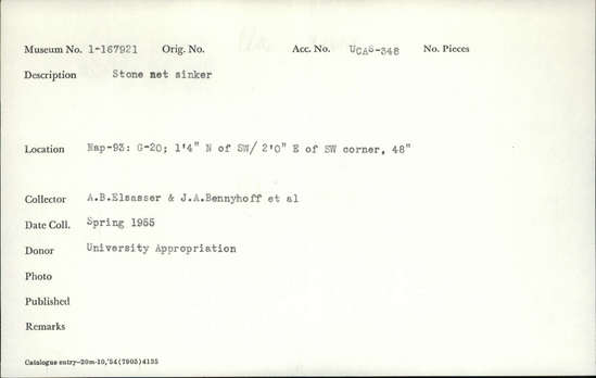 Documentation associated with Hearst Museum object titled Net sinker, accession number 1-167921, described as Stone.