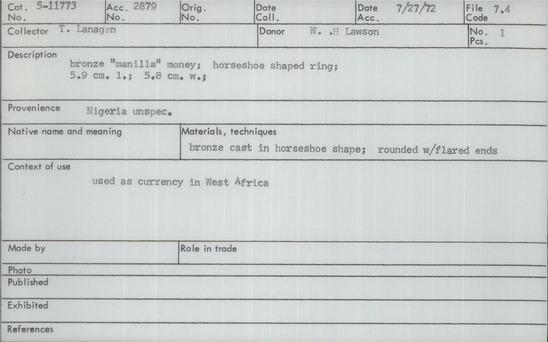 Documentation associated with Hearst Museum object titled Money token, accession number 5-11773, described as bracelet-shaped "money" token