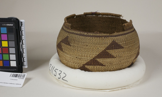 Hearst Museum object 2 of 2 titled Basket, accession number 1-211532, described as Twined.  Design in red triangles.