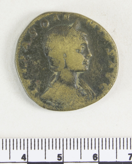 Hearst Museum object 4 of 8 titled Coin: æ, accession number 8-6266, described as Coin: AE; JULIA.SOAEMIAS - 19.92 grms. Obverse: IVLIA SOAE MIAS AVG - bust facing right, draped, diademed. Reverse: VEN[VS CAELESTIS], SC in ex - Venus (Greek: Aphrodite) seated l. holding apple & Sceptre: child at her feet