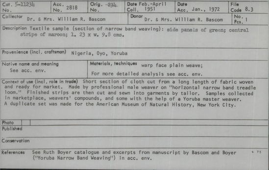 Documentation associated with Hearst Museum object titled Textile fragment, accession number 5-11234, described as textile sample (section of narrow band weaving): side panels of green; central stripe of maroon.