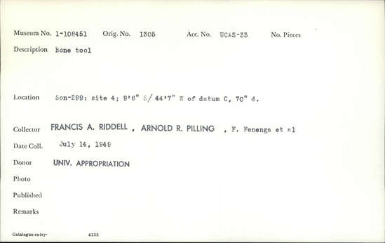 Documentation associated with Hearst Museum object titled Worked bone, accession number 1-108451, described as Bone.