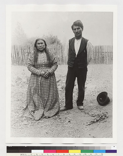 Hearst Museum object titled Black-and-white negative, accession number 15-3031, described as Photo of two individuals whose identities were recorded in museum ledgers as "Jack and Jennie Woodman." According to Karen Hendricks (2018-04-11), "Several historians here in Humboldt County have discussed this photo and have concluded that this picture could not be of Jack Woodman. He was in his 90’s when he died in 1931 so he couldn’t possibly be that young of a man." Further from Karen Hendricks (2018-04-15), "local historians have determined that these photos are of the Tom family of Orleans, California