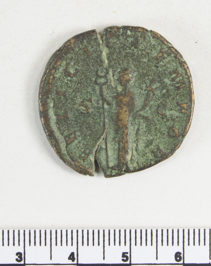 Hearst Museum object 8 of 8 titled Coin: æ sestertius, accession number 8-6194, described as Coin: Sestertius (?); Æ; Gordianus III - 15.36 grms. Obverse: IMP GORDIANVS PIVS FEL AVG - Bust facing right, laureate, draped, cuirassed. Reverse: FELICIT TEMPOR, SC - Felicitas standing holding long caduceus and cornucopiae.