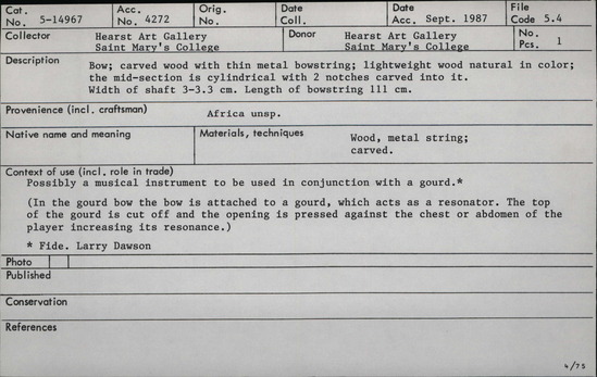 Documentation associated with Hearst Museum object titled Musical bow, accession number 5-14967, no description available.