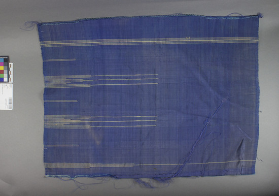 Hearst Museum object titled Textile, accession number 9-16307, described as Textile, woven, blue and white stripes, shiny finish. 60.0 cm x 45.5 cm