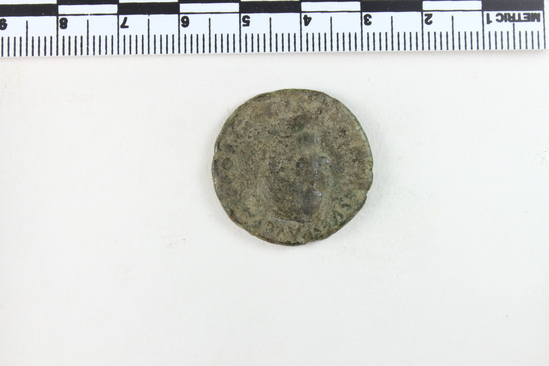 Hearst Museum object 7 of 8 titled Coin: æ, accession number 8-6049, described as Coin: Æ; Vespasian - 10.15 grams. Obverse: IMP CAES VESP AVG - Head facing left. Reverse: ... VST... AVGVST...SC in field, figure facing left.