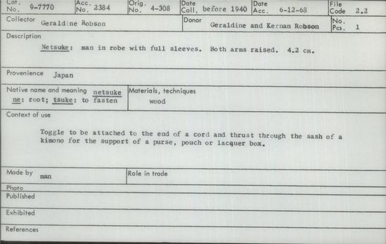 Documentation associated with Hearst Museum object titled Netsuke, accession number 9-7770, described as Netsuke: man in robe with full sleeves. Both arms raised.