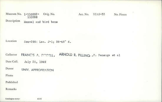 Documentation associated with Hearst Museum object titled Faunal remains, accession number 1-110364, described as Mammal and bird.