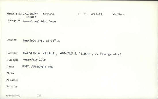 Documentation associated with Hearst Museum object titled Faunal remains, accession number 1-106612, described as Mammal and bird.