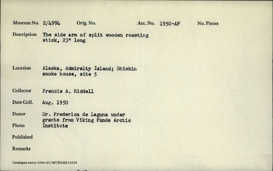 Documentation associated with Hearst Museum object titled Roasting stick, accession number 2-4994, described as The side arm of split wooden roasting stick.