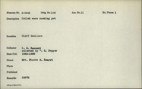 Documentation associated with Hearst Museum object titled Pot, accession number 2-3661, described as Coiled ware cooking pot.