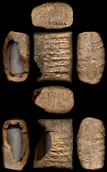 Hearst Museum object 2 of 2 titled Cuneiform tablet and envelope, accession number 9-2826a,b, described as Mesopotamian cuneiform tablet in clay envelope.
