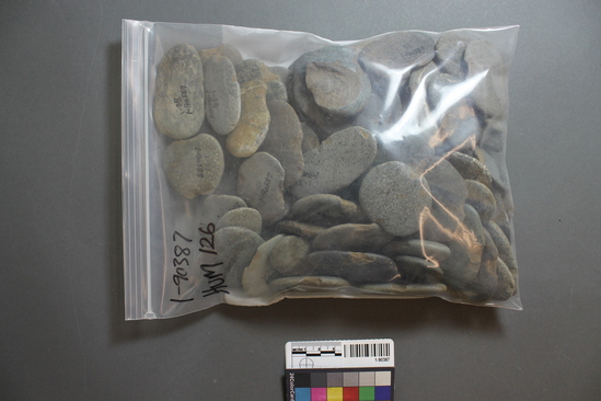 Hearst Museum object titled Sinkers, accession number 1-90387, described as Notched pebble sinkers.