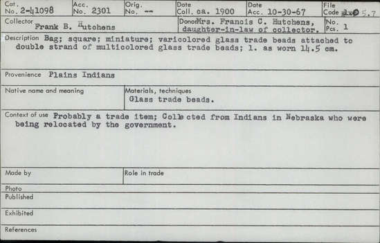 Documentation associated with Hearst Museum object titled Bag, accession number 2-41098, described as Square; miniature; varicolored glass trade beads attached to double strand of multicolored glass trade beads.