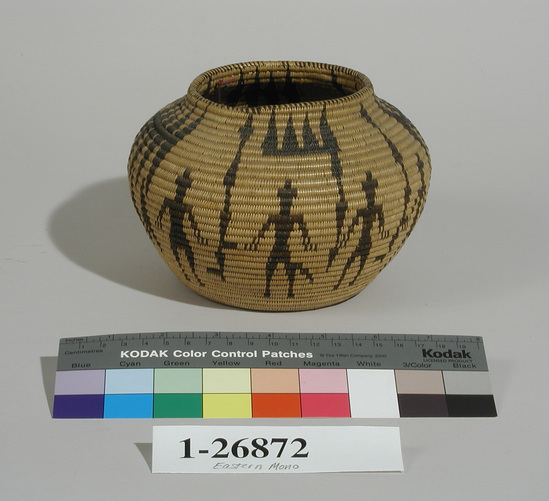 Hearst Museum object titled Basket, accession number 1-26872, described as Coiled, bottle neck.  Black design of dancers.