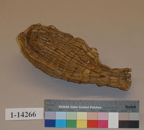 Hearst Museum object titled Basket, accession number 1-14266, described as Basket; twined. Warp is split Tule and weft is unsplit Tule (Schoenoplectus acutus).