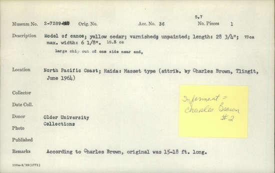 Documentation associated with Hearst Museum object titled Canoe model, accession number 2-7289, described as Yellow cedar; varnished; unpainted.  Large chip out of one side near end.