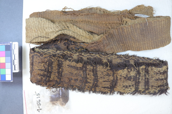 Hearst Museum object 1 of 9 titled Woven band, accession number 4-5615, described as Woven woolen band found tied around mummy