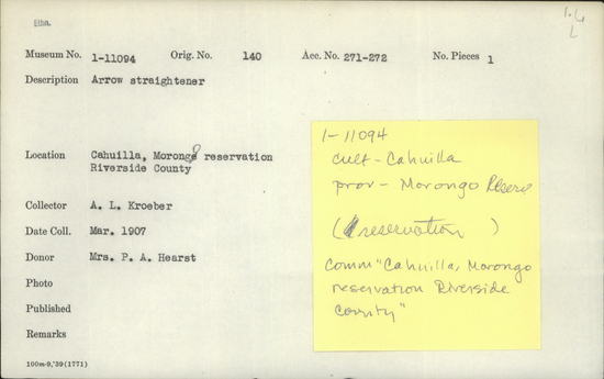 Documentation associated with Hearst Museum object titled Arrow straightener, accession number 1-11094, described as Arrow straightener