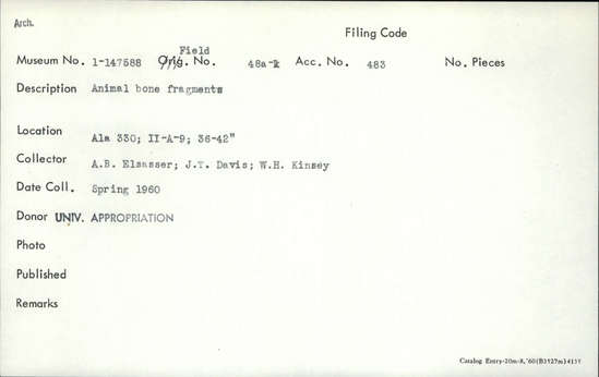 Documentation associated with Hearst Museum object titled Faunal remains, accession number 1-147588, described as Animal.