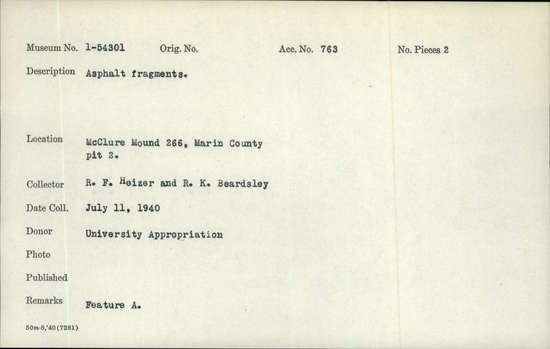 Documentation associated with Hearst Museum object titled Asphalt fragments, accession number 1-54301, described as Asphalt fragments