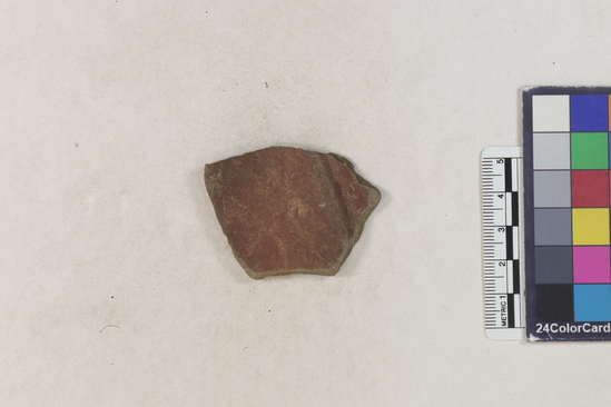 Hearst Museum object 2 of 2 titled Potsherd, accession number 16-8145, described as Potsherd; body, polished, painted? two ridges form design. Numbers  8111 to 8194 are sherds picked up on beach at low tide. Section of Manta on Beach currently inhabited.