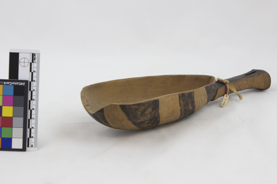 Hearst Museum object titled Beer ladle, accession number 5-698, described as Beer ladel with J design on back of spoon