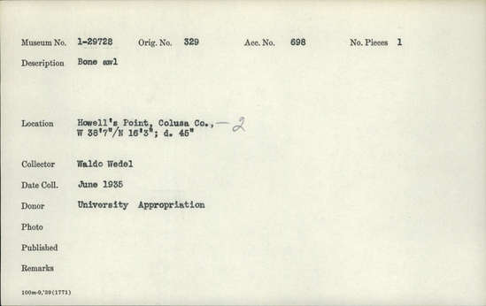 Documentation associated with Hearst Museum object titled Awl, accession number 1-29728, described as Bone.