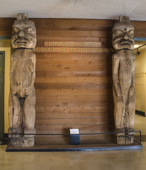 Hearst Museum object titled Post, accession number 2-9221, described as One of pair of house posts from interior of a plank house. Have projection at the top for mortising to roof poles (Charles Brown, 12 June, 1964). Represents an ancestor.