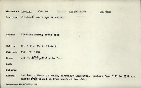 Documentation associated with Hearst Museum object titled Potsherd, accession number 16-8111, described as Potsherd: ear and eye in relied