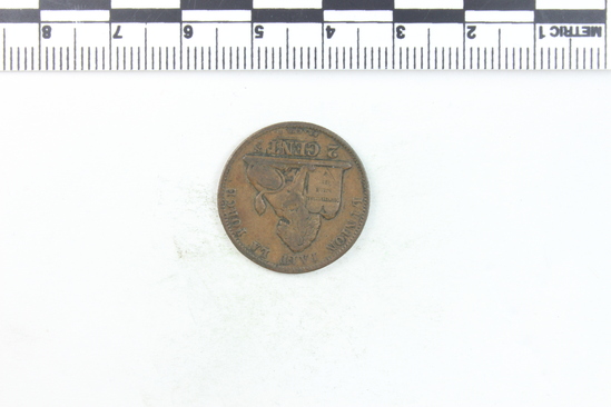 Hearst Museum object 2 of 4 titled Coin: copper 2 cent, accession number 7-3810, no description available.