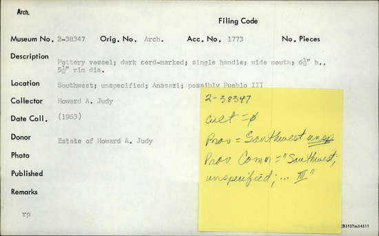 Documentation associated with Hearst Museum object titled Vessel, accession number 2-38347, described as Pottery; dark cord-marked; single handle; wide mouth.