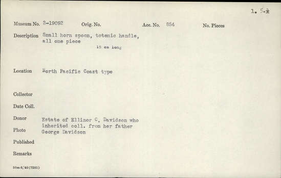 Documentation associated with Hearst Museum object titled Spoon, accession number 2-19092, described as Small, horn spoon. Totemic handle, all one piece.