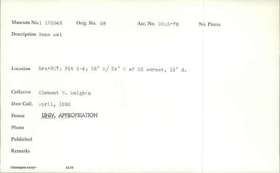 Documentation associated with Hearst Museum object titled Awl, accession number 1-120548, described as Bone.